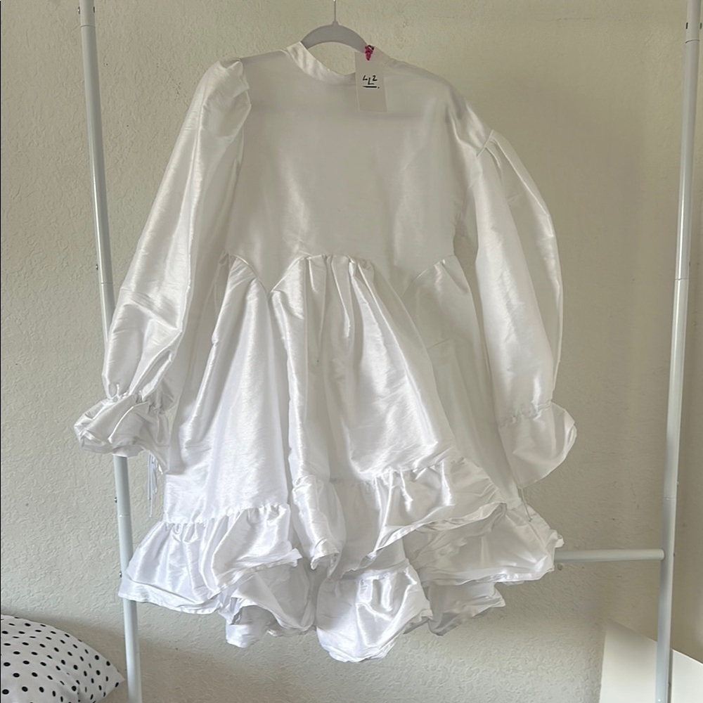 White Ruffled Mini Dress with Mock Neck and Bishop Sleeves